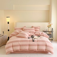 New Autumn And Winter Thickened And Warm Thai Rabbit Fleece Four Piece Set With Solid Striped Velvet Quilt Cover, Bed Sheet, Bedding Set