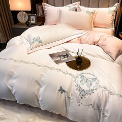 Premium Heavenly Silk Four Piece Set With Smooth, Soft, And Luxury Embroidery Nordic Style Double Sided Ice Silk Bed Sheet And Fitted Sheet